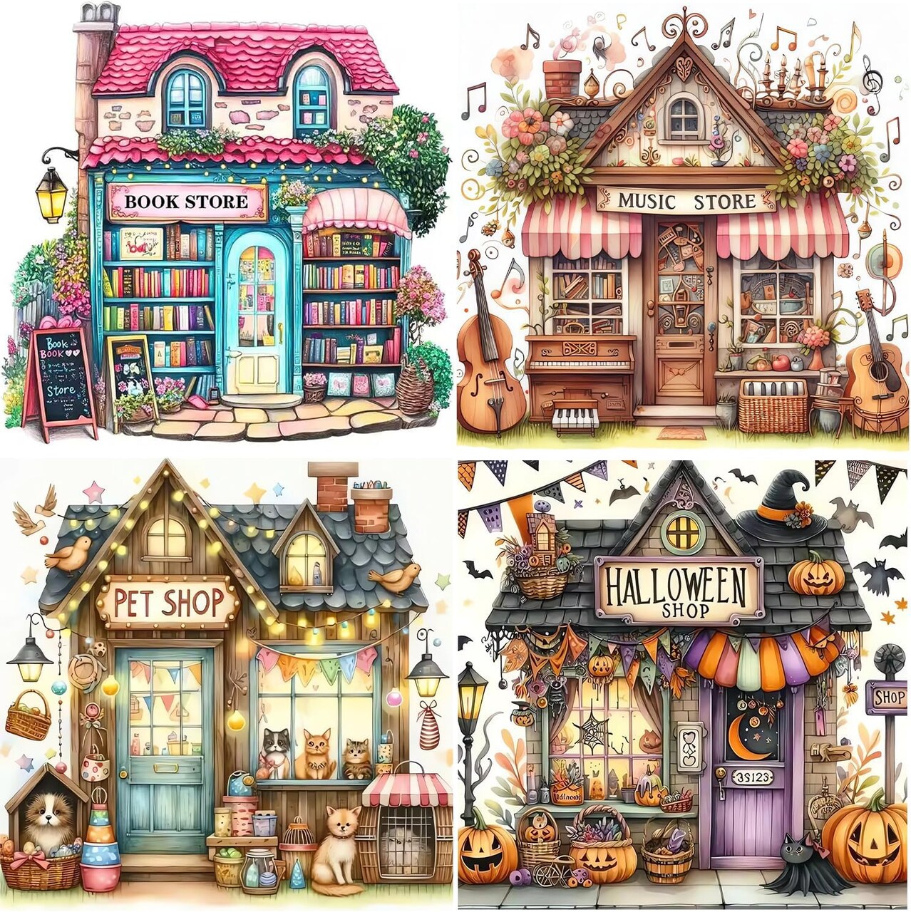 4 Pack Store Diamond Art Kits for Adults – 5D DIY Gem Painting Kit, Round Full Drill, 13.8 x 13.8 inch